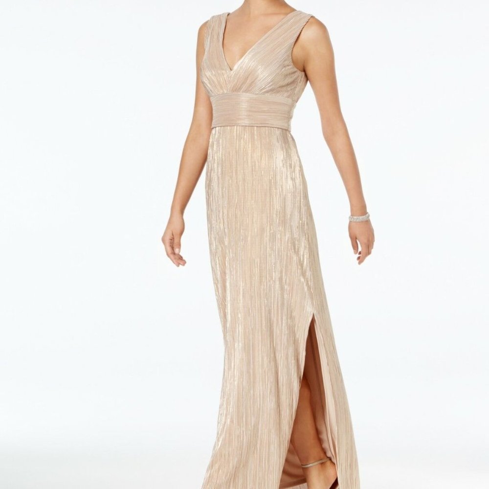 Jessica Howard Pleated Metallic Slit Gown-Size 10